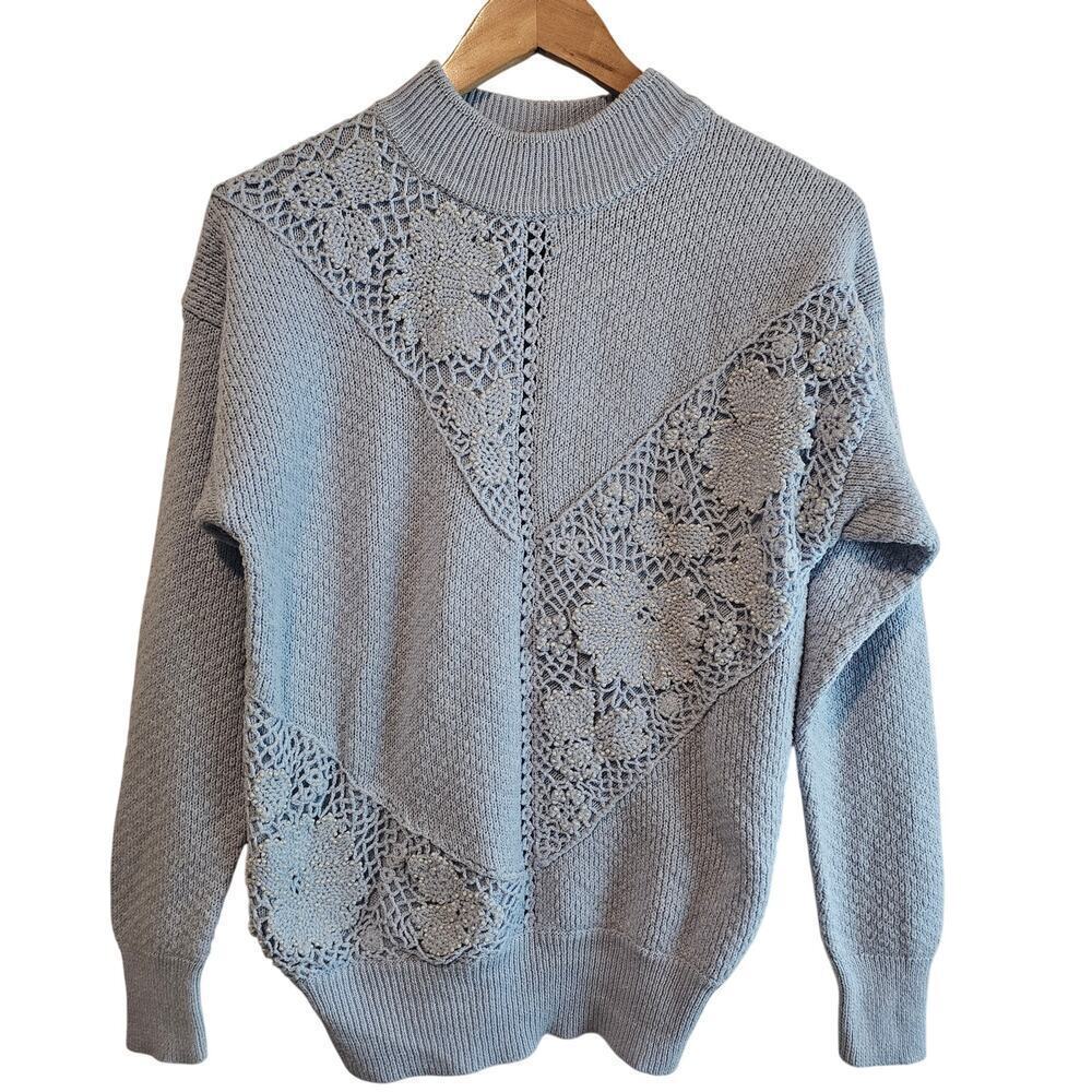 Vintage Crochet Sweater Women Lg Blue Beaded Glam Knit Cottage Preppy Academia